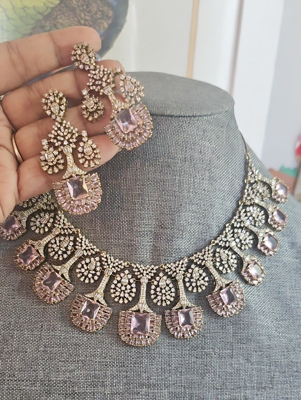 Elegant Pink Crystal Statement Necklace & Earrings Set
